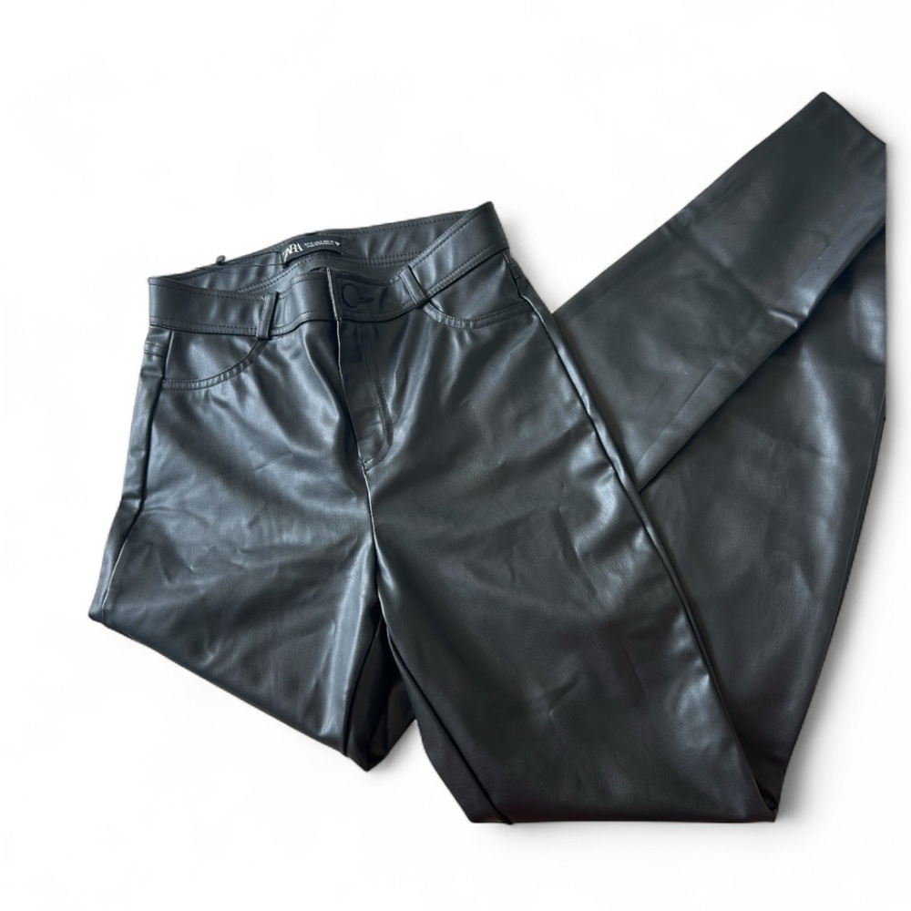 Zara Black Faux Leather Trousers with zipper at the ankles NWT